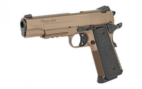 Sig Sauer 1911, Emperor Scorpion, Single Action Only, Semi-automatic, Metal Frame Pistol, Full Size, 45 ACP, 5" Barrel, Steel, Flat Dark Earth, Black G10 Grips, SIGLITE Night Sights, Ambidextrous Thumb Safety, 8 Rounds, Accessory Rail, 2 Magazines, BLEM (Scratches on Slide) 1911R-45-ESCPN