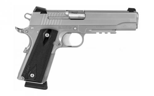 Sig Sauer 1911R, California Compliant, Single Action Only, Semi-automatic, Metal Frame Pistol, Full Size, 45 ACP, 5" Barrel, Steel, Stainless Finish, Black Wood Grips, Night Sights, Manual Thumb Safety, 8 Rounds, Accessory Rail, 2 Magazines 1911R-45-SSS-CA