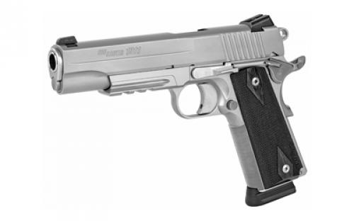 Sig Sauer 1911R, California Compliant, Single Action Only, Semi-automatic, Metal Frame Pistol, Full Size, 45 ACP, 5" Barrel, Steel, Stainless Finish, Black Wood Grips, Night Sights, Manual Thumb Safety, 8 Rounds, Accessory Rail, 2 Magazines 1911R-45-SSS-CA
