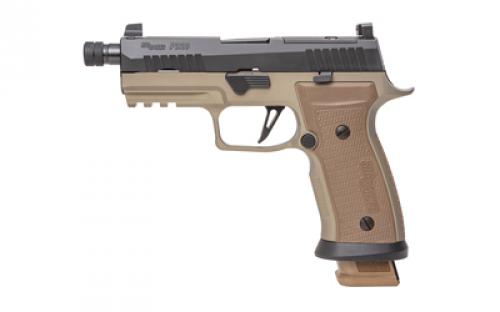 Sig Sauer P320, AXG Combat, Custom Works, Semi-automatic, Striker Fired, Metal Frame Pistol, 9mm, 9MM, 4.6 Threaded Barrel, Threaded 1X28, Anodized Finish, Flat Dark Earth Frame, Nitride Finish, Black Slide, Custom Works Engraved Optic Ready Slide, Hogue G10 Coyote Tan Grips and Backstrap, XRay3 Suppressor Height Sights, 21 Rounds, 3 Magazines 320AXGCA-9-CW-CBT-TB-R2