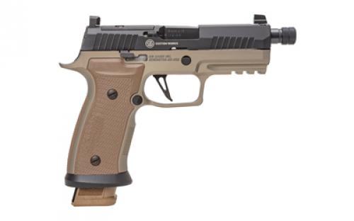 Sig Sauer P320, AXG Combat, Custom Works, Semi-automatic, Striker Fired, Metal Frame Pistol, 9mm, 9MM, 4.6" Threaded Barrel, Threaded 1X28", Anodized Finish, Flat Dark Earth Frame, Nitride Finish, Black Slide, Custom Works Engraved Optic Ready Slide, Hogue G10 Coyote Tan Grips and Backstrap, XRay3 Suppressor Height Sights, 21 Rounds, 3 Magazines 320AXGCA-9-CW-CBT-TB-R2