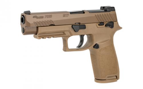 Sig Sauer P320, M17, Striker Fired, Semi-automatic, Polymer Frame, Full Size, 9MM, 4.7" Barrel, PVD Finish, Coyote Tan, SIGLITE Night Sights, Manual Thumb Safety, Optics Ready, 3 Magazines, (1) 17-Round and (2) 21-Round 320F-9-M17-MS