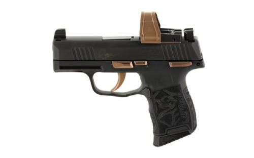 Sig Sauer P365 Rose RXZE, Striker Fired, Semi-automatic, Polymer Frame Pistol, Sub-Compact, 380 ACP, 3.1 Barrel, Nitron Finish, Black with Rose Gold Controls and Engraving, X-Ray Night Sights, Rose Gold Romeo Zero Elite Red Dot Optic, Manual Safety, 2 Magazines, 10 Rounds, Includes Rose Laser Engraved Grip Module, Rose Kit Including Vaultek Lifepod Pistol Safe, Dummy Rounds, and 