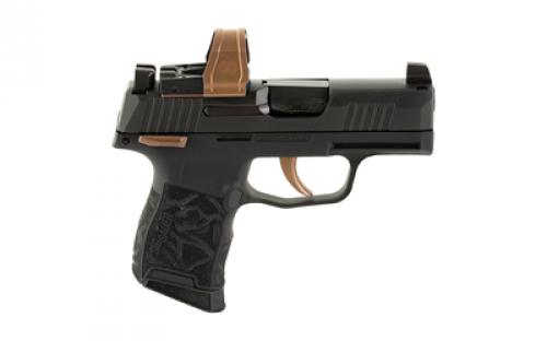 Sig Sauer P365 Rose RXZE, Striker Fired, Semi-automatic, Polymer Frame Pistol, Sub-Compact, 380 ACP, 3.1" Barrel, Nitron Finish, Black with Rose Gold Controls and Engraving, X-Ray Night Sights, Rose Gold Romeo Zero Elite Red Dot Optic, Manual Safety, 2 Magazines, 10 Rounds, Includes Rose Laser Engraved Grip Module, Rose Kit Including Vaultek Lifepod Pistol Safe, Dummy Rounds, and