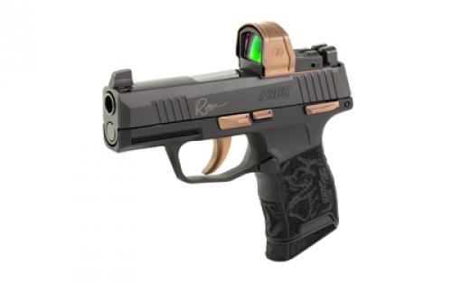 Sig Sauer P365 Rose RXZE, Striker Fired, Semi-automatic, Polymer Frame Pistol, Sub-Compact, 380 ACP, 3.1" Barrel, Nitron Finish, Black with Rose Gold Controls and Engraving, X-Ray Night Sights, Rose Gold Romeo Zero Elite Red Dot Optic, Manual Safety, 2 Magazines, 10 Rounds, Includes Rose Laser Engraved Grip Module, Rose Kit Including Vaultek Lifepod Pistol Safe, Dummy Rounds, and