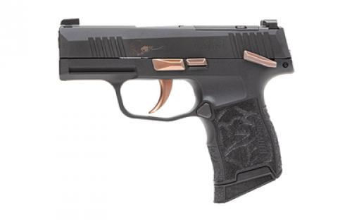 Sig Sauer P365, Striker Fired, Semi-automatic, Polymer Frame Pistol, Sub-Compact, 380 ACP, 3.1 Barrel, Nitron Finish, Black with Rose Gold Controls and Engraving, SIGLITE Day/Night Sights, 10 Rounds, 2 Magazines, Optics Ready, Includes Rose Laser Engraved Grip Module, Rose Kit Including Vaultek Lifepod Pistol Safe, Dummy Rounds, and Quick Start Guide 365-380-ROSE-MS