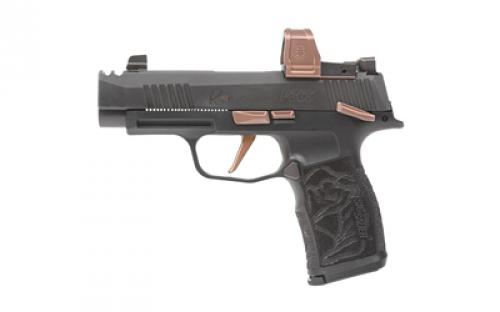 Sig Sauer P365XL Rose RXZE, Striker Fired, Semi-automatic, Polymer Frame Pistol, Sub-Compact, 9mm, 3.1 Barrel with Integrally Compensated Slide, Nitron Finish, Black with Rose Gold Controls and Engraving, X-Ray Night Sights, Rose Gold Romeo Zero Red Dot Optic, 12 Rounds, 2 Magazines, Includes Rose Laser Engraved Grip Module, Rose Kit Including Vaultek Lifepod Pistol Safe, Dummy R