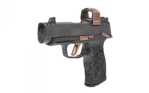 Sig Sauer P365XL Rose RXZE, Striker Fired, Semi-automatic, Polymer Frame Pistol, Sub-Compact, 9mm, 3.1" Barrel with Integrally Compensated Slide, Nitron Finish, Black with Rose Gold Controls and Engraving, X-Ray Night Sights, Rose Gold Romeo Zero Red Dot Optic, 12 Rounds, 2 Magazines, Includes Rose Laser Engraved Grip Module, Rose Kit Including Vaultek Lifepod Pistol Safe, Dummy R