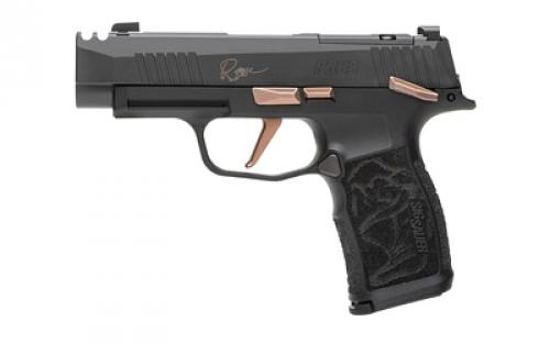 Sig Sauer P365, Rose, Striker Fired, Semi-automatic, Polymer Frame Pistol, Sub-Compact, 9mm, 3.1 Barrel with Integrally Compensated Slide, Nitron Finish, Black with Rose Gold Controls and Engraving, SIGLITE Day/Night Sights, 12 Rounds, 2 Magazines, Optics Ready, Includes Rose Laser Engraved Grip Module, Rose Kit Including Vaultek Lifepod Pistol Safe, Dummy Rounds, and Quick Start