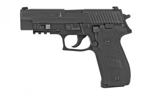 Sig Sauer P226, MK-25, Massachusetts Compliant, Double Action/Single Action, Semi-automatic, Metal Frame Pistol, Full Size, 9MM, 4.4 Barrel, Alloy, Nitron Finish, Black, Polymer Grips, SIGLITE Night Sights, Decocker, 10 Rounds, Phosphate components, Engraved w/USN Anchor, 3 Magazines MK-25-MA