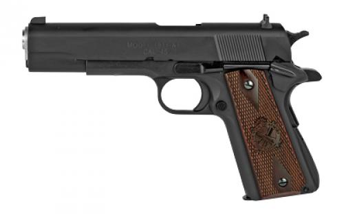 Springfield Mil-Spec, 1911, California Compliant, Single Action Only, Semi-automatic, Metal Frame Pistol, Full Size, 45 ACP, 5 Match Grade Barrel, Steel, Parkerized Finish, Black, Cocobolo Grips, 3 Dot Combat Sights, Manual Thumb Safety, 7 Rounds, 2 Magazines PB9108LCA