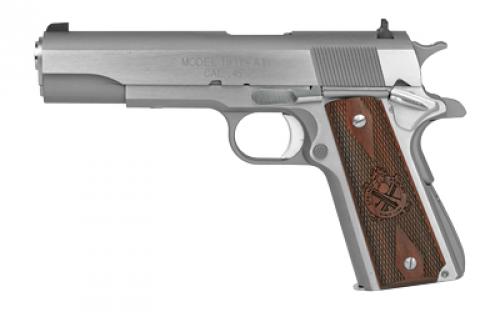 Springfield Mil-Spec, 1911, California Compliant, Single Action Only, Semi-automatic, Metal Frame Pistol, Full Size, 45 ACP, 5 Match Grade Barrel, Steel, Stainless Finish, Cocobolo Grips, 3 Dot Combat Sights, Manual Thumb Safety, 7 Rounds, 2 Magazines PB9151LCA