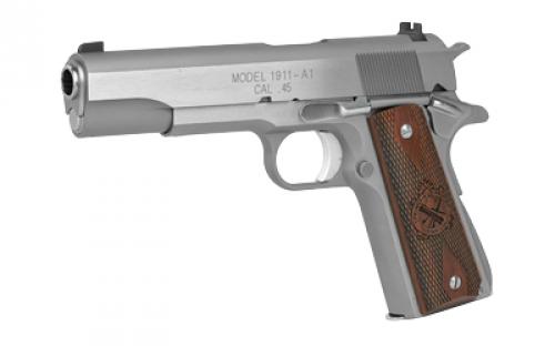 Springfield Mil-Spec, 1911, California Compliant, Single Action Only, Semi-automatic, Metal Frame Pistol, Full Size, 45 ACP, 5" Match Grade Barrel, Steel, Stainless Finish, Cocobolo Grips, 3 Dot Combat Sights, Manual Thumb Safety, 7 Rounds, 2 Magazines PB9151LCA
