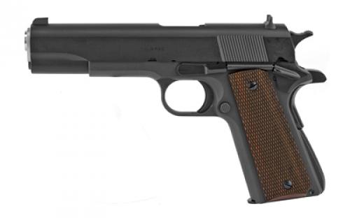 Springfield Mil-Spec, 1911, Single Action Only, Semi-automatic, Metal Frame Pistol, Full Size, 45 ACP, 5 Match Grade Barrel, Steel, Parkerized Finish, Black, Wood Grips, 3-Dot Combat Sights, Manual Thumb Safety, 7 Rounds, Cardboard Box, 1 Magazine PBD9108L