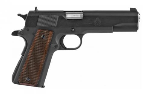 Springfield Mil-Spec, 1911, Single Action Only, Semi-automatic, Metal Frame Pistol, Full Size, 45 ACP, 5" Match Grade Barrel, Steel, Parkerized Finish, Black, Wood Grips, 3-Dot Combat Sights, Manual Thumb Safety, 7 Rounds, Cardboard Box, 1 Magazine PBD9108L