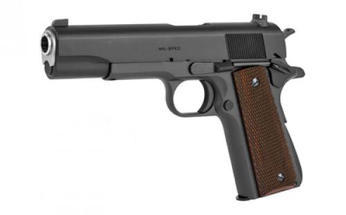 Springfield Mil-Spec, 1911, Single Action Only, Semi-automatic, Metal Frame Pistol, Full Size, 45 ACP, 5" Match Grade Barrel, Steel, Parkerized Finish, Black, Wood Grips, 3-Dot Combat Sights, Manual Thumb Safety, 7 Rounds, Cardboard Box, 1 Magazine PBD9108L