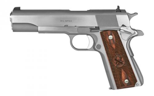Springfield Mil-Spec, 1911, Single Action Only, Semi-automatic, Metal Frame Pistol, Full Size, 45 ACP, 5 Match Grade Barrel, Stainless Finish, Cocobolo Grips, 3-Dot Combat Sights, Manual Thumb Safety, 7 Rounds, 1 Magazine PBD9151L