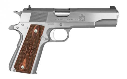 Springfield Mil-Spec, 1911, Single Action Only, Semi-automatic, Metal Frame Pistol, Full Size, 45 ACP, 5" Match Grade Barrel, Stainless Finish, Cocobolo Grips, 3-Dot Combat Sights, Manual Thumb Safety, 7 Rounds, 1 Magazine PBD9151L