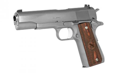 Springfield Mil-Spec, 1911, Single Action Only, Semi-automatic, Metal Frame Pistol, Full Size, 45 ACP, 5" Match Grade Barrel, Stainless Finish, Cocobolo Grips, 3-Dot Combat Sights, Manual Thumb Safety, 7 Rounds, 1 Magazine PBD9151L