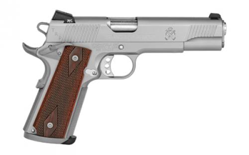 Springfield Tactical Response Pistol, 1911, California Compliant, Single Action Only, Metal Frame Pistol, Full Size, 45 ACP, 5" Match Grade Barrel, Steel, Stainless Finish, G10 Grips, Tritium Night Sights, Ambidextrous Thumb Safety, 7 Rounds, Range Bag, 2 Magazines PC9107LCA18