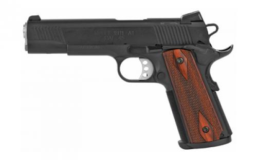 Springfield Tactical Response Pistol, 1911, California Compliant, Single Action Only, Semi-automatic, Metal Frame Pistol, Full Size, 45 ACP, 5 Barrel, Steel, Armory Kote Finish, Black, Cocobolo Grips, Tritium Night Sights, Ambidextrous Thumb Safety, 7 Rounds, Range Bag, 2 Magazines PC9108LCA18