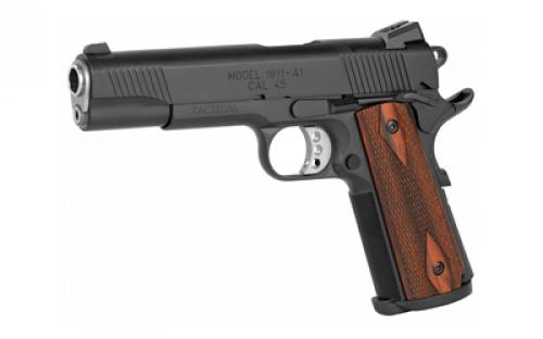 Springfield Tactical Response Pistol, 1911, California Compliant, Single Action Only, Semi-automatic, Metal Frame Pistol, Full Size, 45 ACP, 5" Barrel, Steel, Armory Kote Finish, Black, Cocobolo Grips, Tritium Night Sights, Ambidextrous Thumb Safety, 7 Rounds, Range Bag, 2 Magazines PC9108LCA18