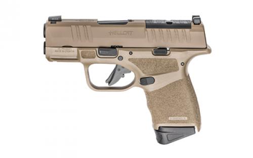 Springfield Hellcat, Striker Fired, Semi-automatic, Polymer Frame Pistol, Micro-Compact, 9MM, 3 Hammer Forged Barrel, Cerakote Finish, Desert Flat Dark Earth, Textured Grips, Tritium/Luminescent Front Sight, Tactical Rack U-Notch Rear Sight, Optics Ready, 5 Magazines, (4) 11-Round and (1) 13-Round, Includes Range Bag HC9319FOSPGU23