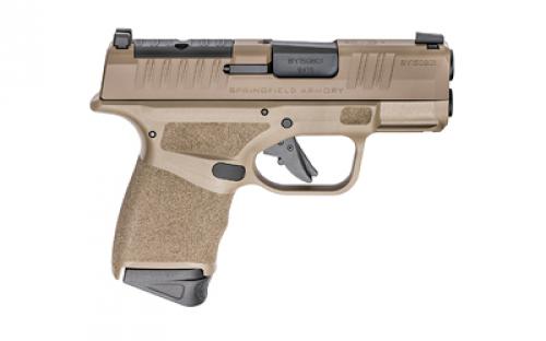 Springfield Hellcat, Striker Fired, Semi-automatic, Polymer Frame Pistol, Micro-Compact, 9MM, 3" Hammer Forged Barrel, Cerakote Finish, Desert Flat Dark Earth, Textured Grips, Tritium/Luminescent Front Sight, Tactical Rack U-Notch Rear Sight, Optics Ready, 5 Magazines, (4) 11-Round and (1) 13-Round, Includes Range Bag HC9319FOSPGU23