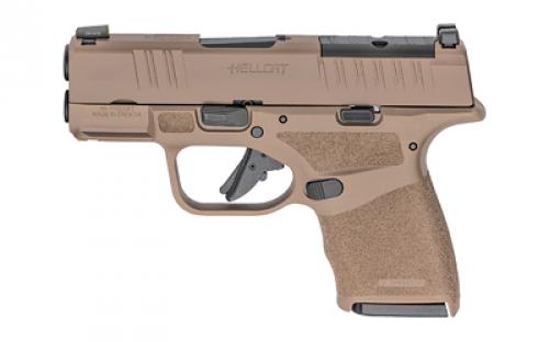 Springfield Hellcat, Striker Fired, Semi-automatic, Polymer Frame Pistol, Micro-Compact, 9MM, 3 Hammer Forged Barrel, Cerakote Finish, Desert FDE, Textured Grips, Tritium/Luminescent Front Sight, Tactical Rack U-Notch Rear Sight, Optics Ready, 2 Magazines, (1) 11-Round and (1) 13-Round HC9319FOSP