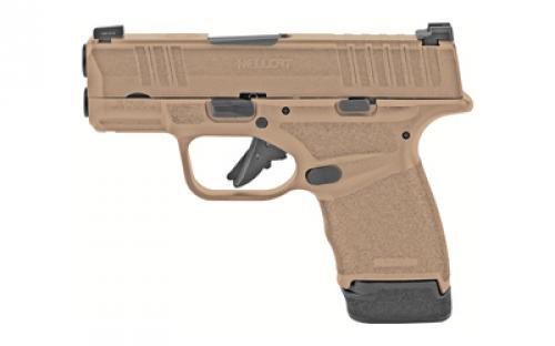 Springfield Hellcat, Striker Fired, Semi-automatic, Polymer Frame Pistol, Micro-Compact, 9MM, 3 Hammer Forged Barrel, Cerakote Finish, Desert FDE, Textured Grips, Tritium/Luminescent Front Sight, Tactical Rack U-Notch Rear Sight, 2 Magazines, (1) 11-Round and (1) 13-Round HC9319F