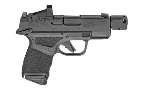 Springfield Hellcat, RDP, Striker Fired, Semi-automatic, Polymer Frame Pistol, Micro-Compact, 9MM, 3.8" Hammer Forged Barrel, Melonite Finish, Black, Textured Grips, Front Tritium Night Sight, Tactical Rack U-Notch Rear Sight, Ambidextrous Thumb Safety, Compensator, Shield SMSc Reflex Sight, 2 Magazines, (1) 11-Round and (1) 13-Round HC9389BTOSPSMSCMS