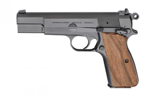 Springfield SA-35, Single Action, Semi-automatic, Metal Frame Pistol, Full Size, 9MM, 4.7 Forged Barrel, Forged Carbon Steel, Blue Finish, Checkered Walnut Grips, White Dot Front Sight and Serrated Tactical Rack Rear Sight, Factory Tuned Trigger, Manual Thumb Safety, 15 Rounds, 1 Magazine, Weighs 31.5 Oz., 7.8 Length HP9201