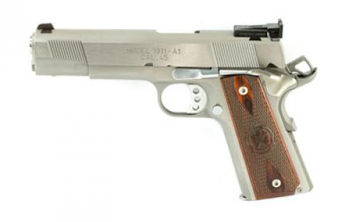 Springfield Target, 1911, California Compliant, Single Action Only, Semi-automatic, Metal Frame Pistol, Full Size, 45 ACP, 5 Match Grade Barrel, Steel, Stainless Finish, Wood Grips, 7 Rounds, Adjustable Sights, Manual Thumb Safety, 2 Magazines PI9132LCA