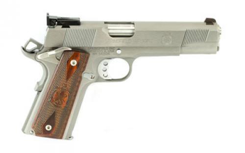 Springfield Target, 1911, California Compliant, Single Action Only, Semi-automatic, Metal Frame Pistol, Full Size, 45 ACP, 5" Match Grade Barrel, Steel, Stainless Finish, Wood Grips, 7 Rounds, Adjustable Sights, Manual Thumb Safety, 2 Magazines PI9132LCA