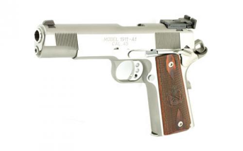 Springfield Target, 1911, California Compliant, Single Action Only, Semi-automatic, Metal Frame Pistol, Full Size, 45 ACP, 5" Match Grade Barrel, Steel, Stainless Finish, Wood Grips, 7 Rounds, Adjustable Sights, Manual Thumb Safety, 2 Magazines PI9132LCA