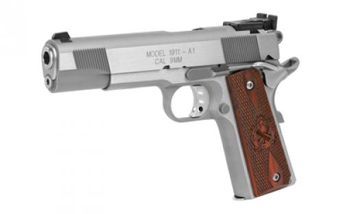 Springfield Target, 1911, Single Action Only, Semi-automatic, Metal Frame Pistol, Full Size, 9MM, 5" Match Grade Barrel, Steel, Stainless Finish, Wood Grips, Adjustable Sights, Manual Thumb Safety, 9 Rounds, 2 Magazines PI9134LCA