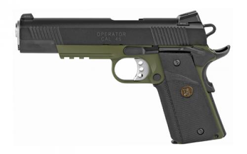 Springfield Loaded, Marine Corps. Operator, 1911, California Compliant, Single Action Only, Semi-automatic, Metal Frame Pistol, Full Size, 45 ACP, 5 Barrel, Steel, Armory Kote Finish, Black Slide, OD Green Frame, Pachmayr Wrap-Around Grips, Ambidextrous Thumb Safety, Tritium Night Sights, 7 Rounds, Range Bag, 2 Magazine PX9105MLCA18