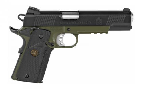 Springfield Loaded, Marine Corps. Operator, 1911, California Compliant, Single Action Only, Semi-automatic, Metal Frame Pistol, Full Size, 45 ACP, 5" Barrel, Steel, Armory Kote Finish, Black Slide, OD Green Frame, Pachmayr Wrap-Around Grips, Ambidextrous Thumb Safety, Tritium Night Sights, 7 Rounds, Range Bag, 2 Magazine PX9105MLCA18