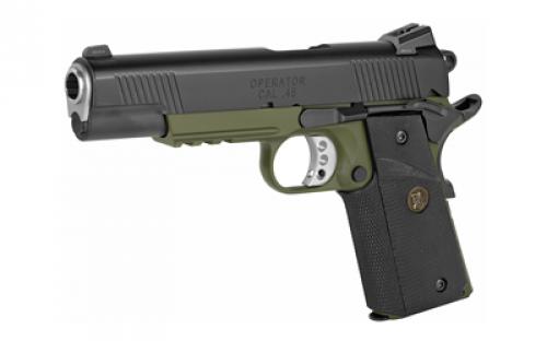 Springfield Loaded, Marine Corps. Operator, 1911, California Compliant, Single Action Only, Semi-automatic, Metal Frame Pistol, Full Size, 45 ACP, 5" Barrel, Steel, Armory Kote Finish, Black Slide, OD Green Frame, Pachmayr Wrap-Around Grips, Ambidextrous Thumb Safety, Tritium Night Sights, 7 Rounds, Range Bag, 2 Magazine PX9105MLCA18