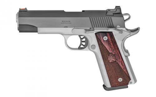 Springfield Ronin, 1911, Single Action Only, Semi-automatic, Metal Frame Pistol, Commander, 9MM, 4.25 Match Grade Barrel, Alloy, Blued Slide, Satin Cerakote Frame, Wood Grips, Fiber Optic Front Sight, Tactical Rack White Dot Rear Sight, Manual Thumb Safety, 9 Rounds, 1 Magazine PX9117L