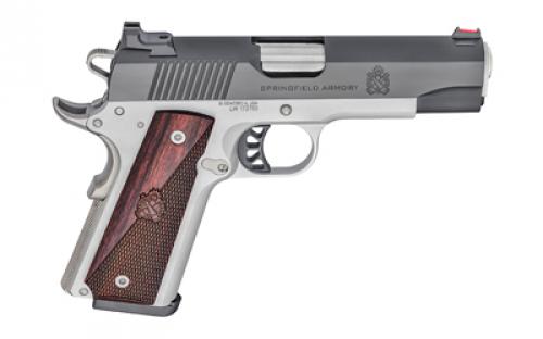 Springfield Ronin, 1911, Single Action Only, Semi-automatic, Metal Frame Pistol, Commander, 45 ACP, 4.25" Match Grade Barrel, Alloy, Blued Slide, Satin Cerakote Frame, Wood Grips, Fiber Optic Front Sight, Tactical Rack White Dot Rear Sight, Manual Thumb Safety, 8 Rounds, 1 Magazines PX9118L