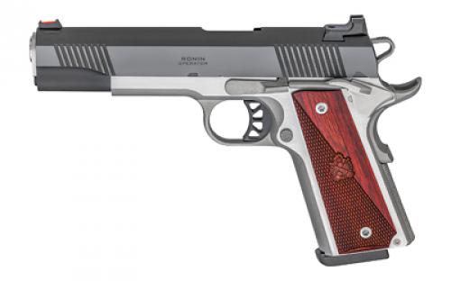 Springfield Ronin, 1911, Single Action Only, Semi-automatic, Full Size, 45 ACP, 5 Match Grade Barrel, Steel, Blued Slide, Stainless Frame, Wood Grips, Fiber Optic Front Sight, Tactical Rack White Dot Rear Sight, Manual Thumb Safety, 8 Rounds, 2 Magazines, BLEM (Scratches on Frame and Slide) PX9120L