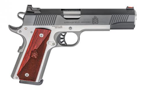 Springfield Ronin, 1911, Single Action Only, Semi-automatic, Full Size, 45 ACP, 5" Match Grade Barrel, Steel, Blued Slide, Stainless Frame, Wood Grips, Fiber Optic Front Sight, Tactical Rack White Dot Rear Sight, Manual Thumb Safety, 8 Rounds, 2 Magazines, BLEM (Scratches on Frame and Slide) PX9120L