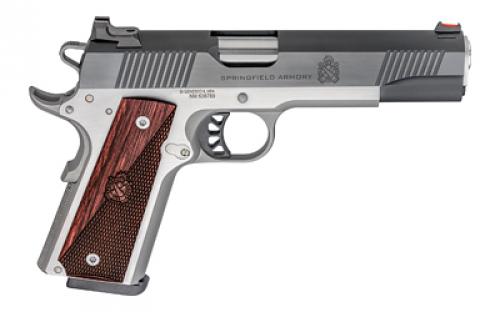 Springfield Ronin, 1911, Single Action Only, Semi-automatic, Metal Frame Pistol, Full Size, 10MM, 5" Match Grade Barrel, Steel, Blued Slide, Wood Grips, Stainless Frame, Fiber Optic Front Sight, Tactical Rack White Dot Rear Sight, Manual Thumb Safety, 8 Rounds, 1 Magazine PX9121L