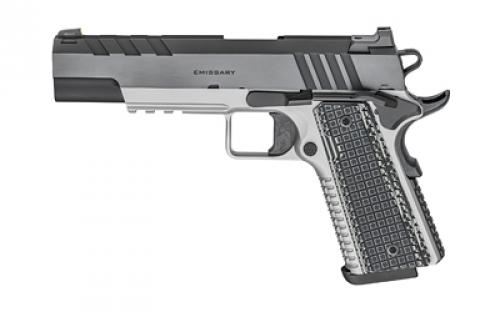 Springfield Emissary, 1911, Single Action Only, Semi-automatic, Commander Size, 9MM, 4.25 Match Grade Bull Barrel, Stainless Steel Frame and Carbon Steel Slide, Blued Finish, Black Slide, Silver Frame, VZ Grips Thin-Line G10, Manual Thumb Safety, Tritium/Luminescent Front Sight, Tactical Rack U-Notch Rear Sight, 9 Rounds, 2 Magazines PX9217L