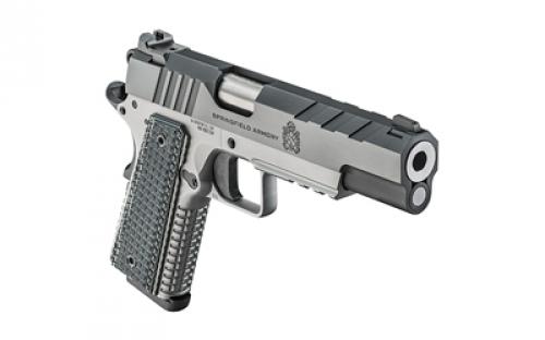 Springfield Emissary, 1911, Single Action Only, Semi-automatic, Commander Size, 9MM, 4.25" Match Grade Bull Barrel, Stainless Steel Frame and Carbon Steel Slide, Blued Finish, Black Slide, Silver Frame, VZ Grips Thin-Line G10, Manual Thumb Safety, Tritium/Luminescent Front Sight, Tactical Rack U-Notch Rear Sight, 9 Rounds, 2 Magazines PX9217L