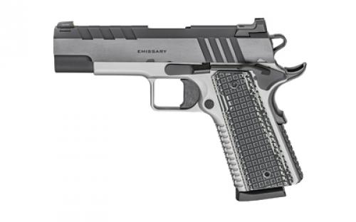 Springfield Emissary, 1911, Single Action Only, Semi-automatic, Commander, 45 ACP, 4.25 Match Grade Bull Barrel, Stainless Steel Frame and Carbon Steel Slide, Blued Finish, Black Slide, Silver Frame, VZ Grips Thin-Line G10, Manual Thumb Safety, Tritium/Luminescent Front Sight, Tactical Rack U-Notch Rear Sight, 8 Rounds, 2 Magazines PX9218L