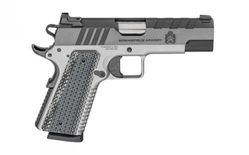 Springfield Emissary, 1911, Single Action Only, Semi-automatic, Commander, 45 ACP, 4.25" Match Grade Bull Barrel, Stainless Steel Frame and Carbon Steel Slide, Blued Finish, Black Slide, Silver Frame, VZ Grips Thin-Line G10, Manual Thumb Safety, Tritium/Luminescent Front Sight, Tactical Rack U-Notch Rear Sight, 8 Rounds, 2 Magazines PX9218L