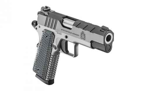 Springfield Emissary, 1911, Single Action Only, Semi-automatic, Commander, 45 ACP, 4.25" Match Grade Bull Barrel, Stainless Steel Frame and Carbon Steel Slide, Blued Finish, Black Slide, Silver Frame, VZ Grips Thin-Line G10, Manual Thumb Safety, Tritium/Luminescent Front Sight, Tactical Rack U-Notch Rear Sight, 8 Rounds, 2 Magazines PX9218L