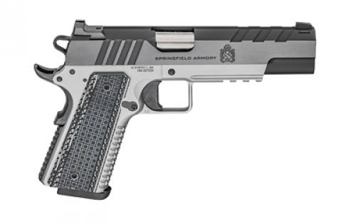 Springfield Emissary, 1911, Single Action Only, Semi-automatic, Full Size, 9MM, 5 Match Grade Bull Barrel, Stainless Steel Frame and Carbon Steel Slide, Blued Finish, Black Slide, Silver Frame, VZ Grips Thin-Line G10, Manual Thumb Safety, Tritium/Luminescent Front Sight, Tactical Rack U-Notch Rear Sight, 9 Rounds, 2 Magazines PX9219L